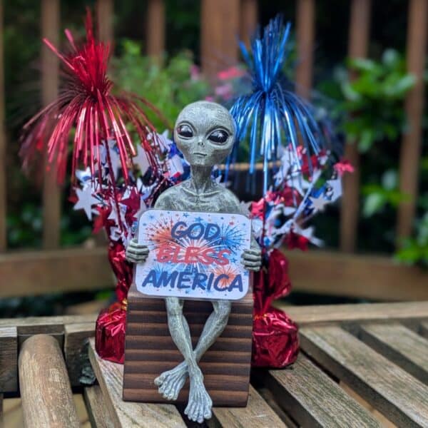 Alien Invasion™ - Milkyway Messenger 'God Bless America' Patriotic 10" H 'Independence Day' Shelf Sitter Alien Statue - Alien Gray