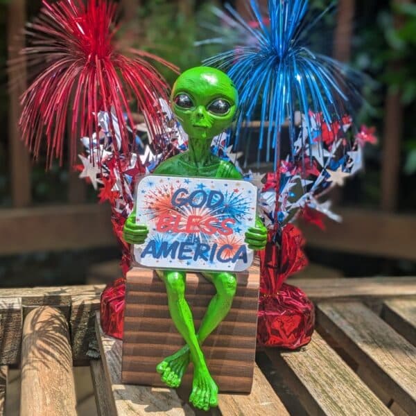Alien Invasion™ - Milkyway Messenger 'God Bless America' Patriotic 10" H 'Independence Day' Shelf Sitter Alien Statue - Cosmic Green
