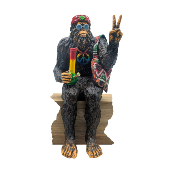 Hippie Bigfoot Statue, Peace Sign, Bohemian Bag, Sasquatch Shelf Sitter - Natural