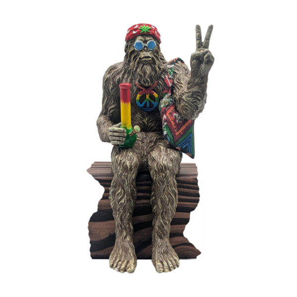 Hippie Bigfoot Statue, Peace Sign, Bohemian Bag, Sasquatch Shelf Sitter - Stonewash